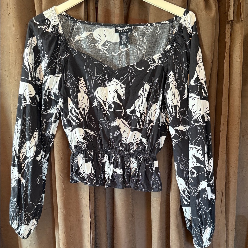 Wrangler Retro Black and White Equestrian Print Blouse